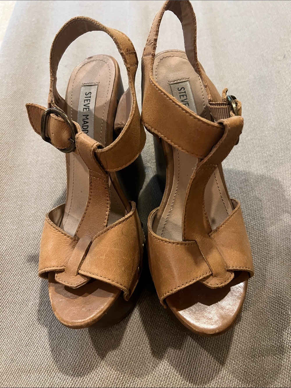 Steve Madden Cognac Brown Leather T-Strap Slingback Heels